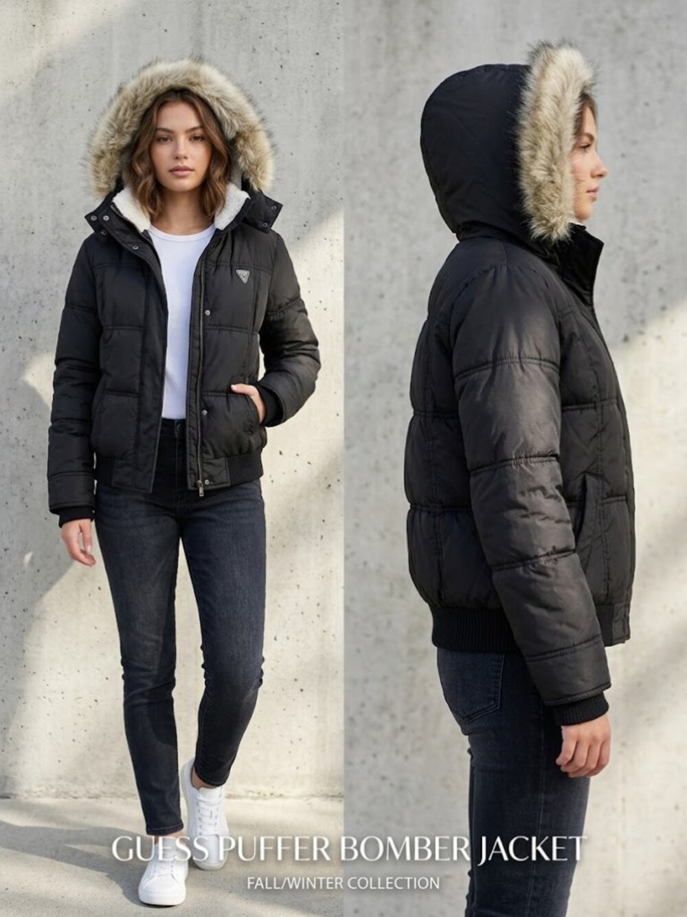 Guess Black Puffer Bomber Sherpa Faux Fur Removable Hoodie Women's Jacket Sz M